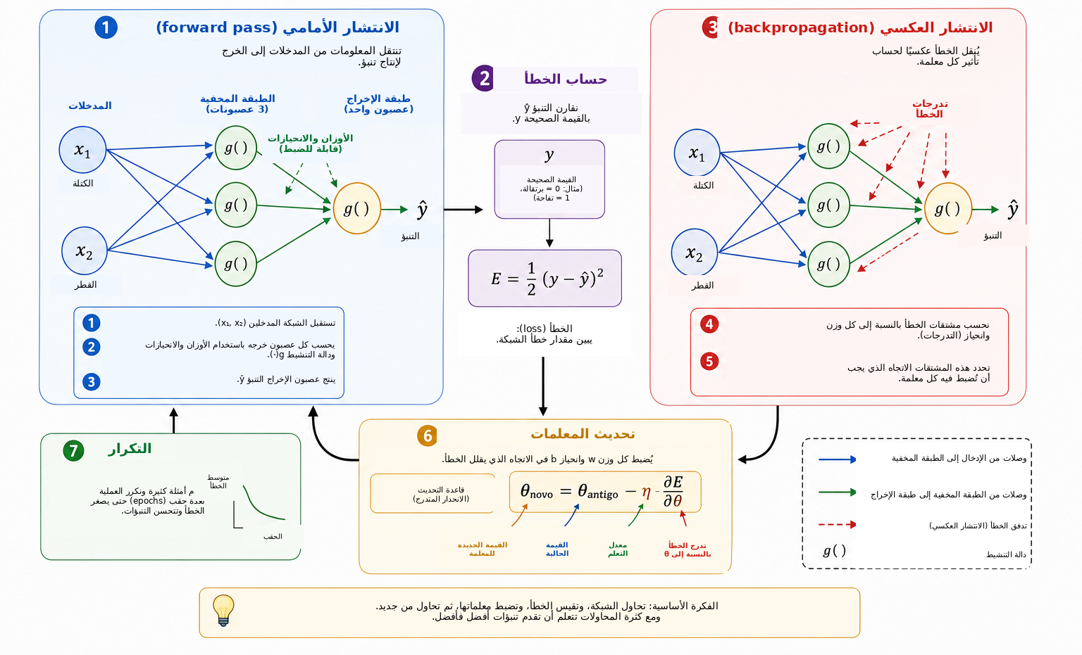الدورة الأساسية لتدريب شبكة عصبية. يحول المرور الأمامي المدخلات إلى تنبؤ؛ وتقيس دالة الخسارة الفرق بين التنبؤ والهدف؛ ويحسب الانتشار العكسي التدرجات باستخدام قاعدة السلسلة؛ ثم يستخدم الانحدار المتدرج هذه التدرجات لتحديث الأوزان والانحيازات. وتكرار هذه الدورة عبر حقب كثيرة هو ما ن