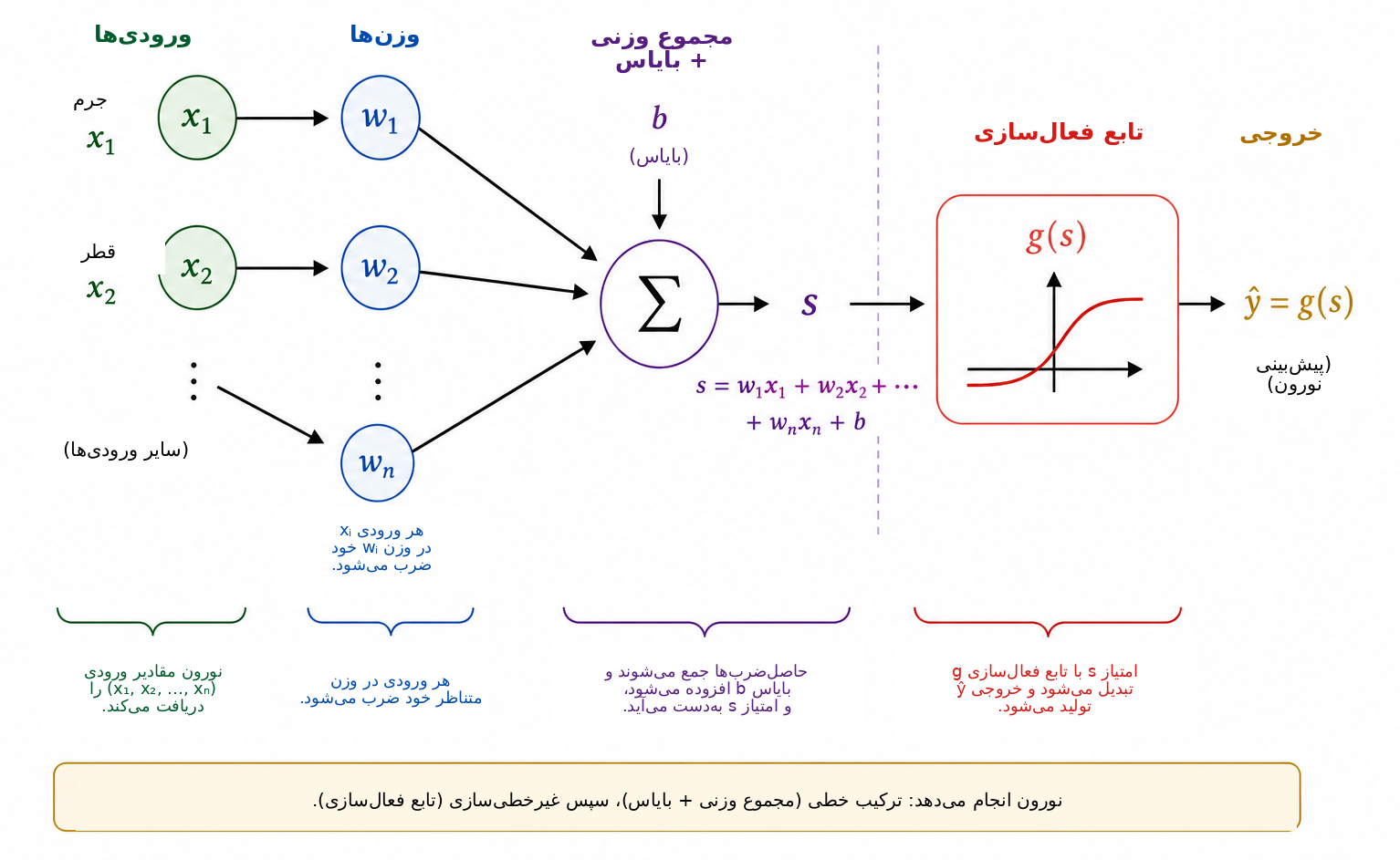 عملکرد شماتیک یک نورون مصنوعی. هر ورودی \(x_i\) در وزن \(w_i\) ضرب می‌شود؛ حاصل‌ضرب‌ها با بایاس \(b\) جمع می‌شوند تا امتیاز \(s\) به دست آید. سپس تابع فعال‌سازی \(g\) این امتیاز را به خروجی \(\widehat{y}=g(s)\) تبدیل می‌کند؛ این خروجی می‌تواند یک کمیت میانی یا پیش‌بینی نهایی باشد