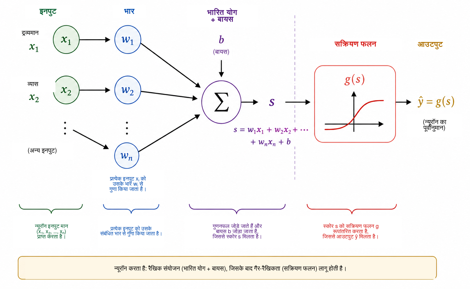 कृत्रिम न्यूरॉन की योजनात्मक कार्यप्रणाली। प्रत्येक इनपुट \(x_i\) को भार \(w_i\) से गुणा किया जाता है; गुणनफलों को बायस \(b\) के साथ जोड़कर स्कोर \(s\) प्राप्त किया जाता है। सक्रियण फलन \(g\) इस स्कोर को आउटपुट \(\widehat{y}=g(s)\) में बदलता है, जिसे मध्यवर्ती मात्रा या अंतिम पूर