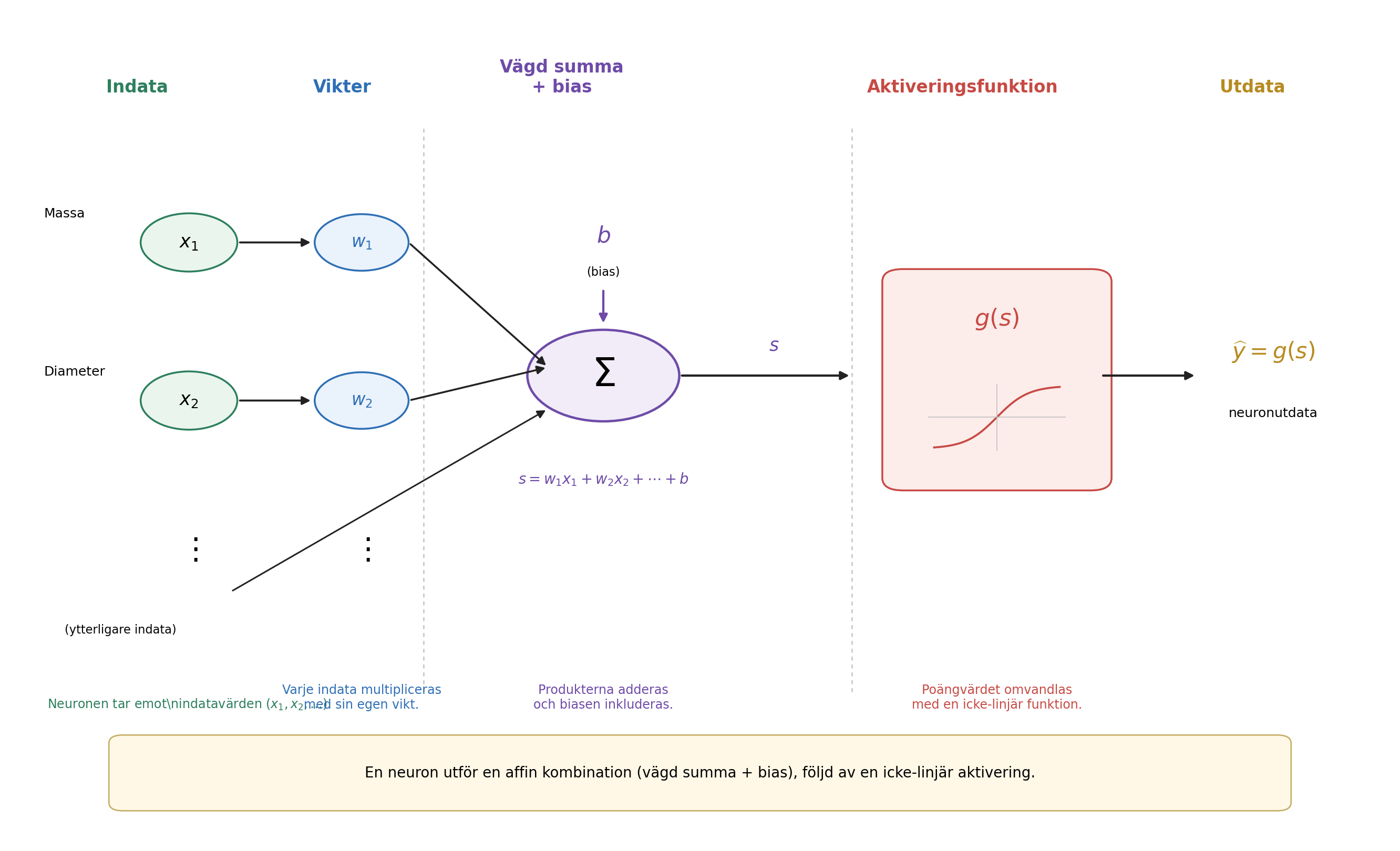 Schematisk funktion hos en artificiell neuron. Varje indata \(x_i\) multipliceras med en vikt \(w_i\) ; produkterna adderas till biasen \(b\) och ger poängvärdet \(s\) . Aktiveringsfunktionen \(g\) omvandlar därefter detta poängvärde till utdata \(\widehat{y}=g(s)\) , som kan anv